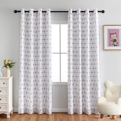 Total Blackout Curtains for Girls Bedroom with Purple Pom Pom Sheer 90 Inch Long 100% Light Blocking Curtains for Living Room 2 Panels Room Darkening Grommet Double Layer Drapes 50" x 90" (2 Count)