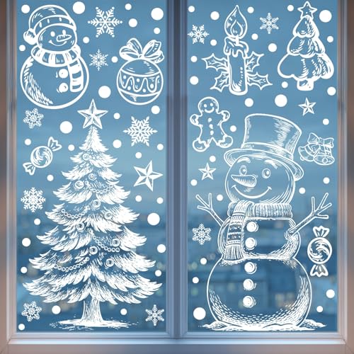 Christmas Window Clings for Glass 2 Sheet White Window Decals with Snowman Xmas Tree Designs Window Stickers Cute Windows Cling for Winter Party Supplies Home School Office Glass Decorations (2 Count)