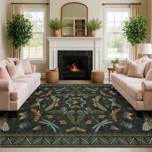 6x8 Dark Green Washable Dining Room Rug (48 Sq Ft)