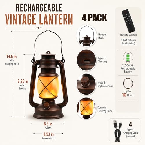 USB Rechargeable Lanterns 4 Pack with Remote Control 4 Modes Lights (4 Count)