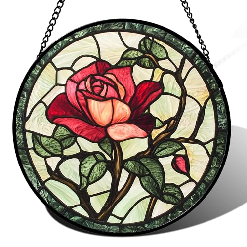 Stained Glass Window Hanging Red Rose Suncatcher Gifts for Women 9.8"