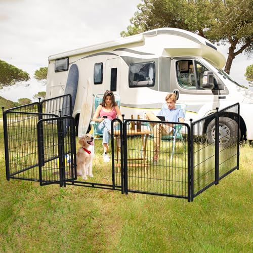 56 in(H) Dog Fence Outdoor for Yard，Wide Door Low Threshold, Decorative Garden Fence Panels, 10 Panels Total 22.1 Ft(L)，No Dig Fencing for Dogs, Black