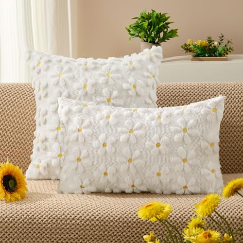Spring Summer Pillow Covers 12x20 inch Set of 2 White Daisy (2 Count)