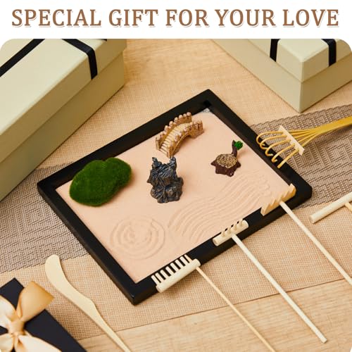 8 Pcs Mini Zen Garden Kit for Table Decor DIY Your Own Zen Garden 8.5" x 6.7" Japanese Sand Tray 6 Rake Tools Meditation Gifts Set for Home Office Tabletop Accessories Therapy Stress Relief (8 Count)
