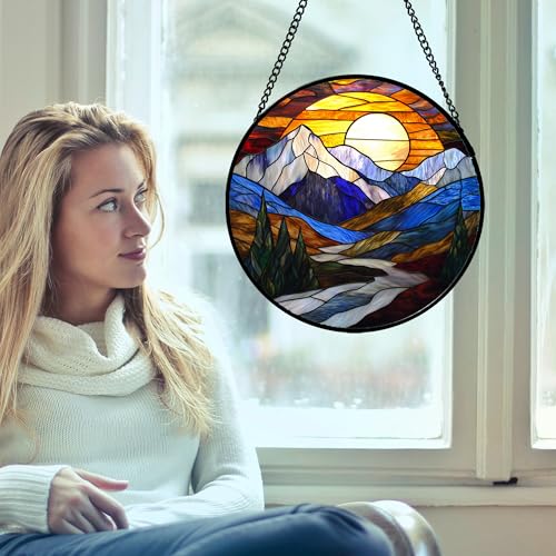 Blue Mountains Stained Glass Window Hanging Suncatcher Gift for Women 9.8"
