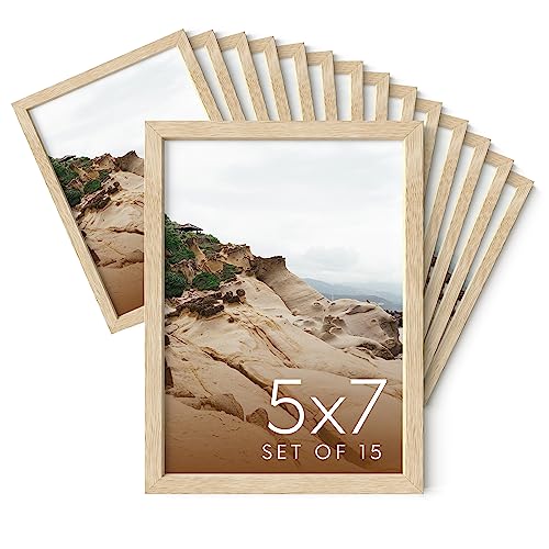 5x7 Natural Oak Wood Photo Frame Set of 15 (15 Count)