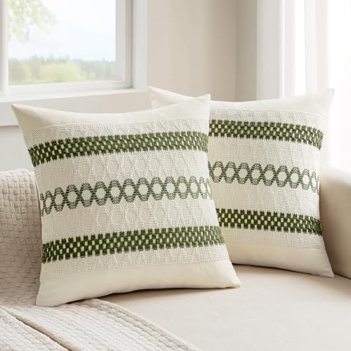 Set of 2 Moss Green Boho Decorative Pillow Covers 18x18 Inch (2 Count)