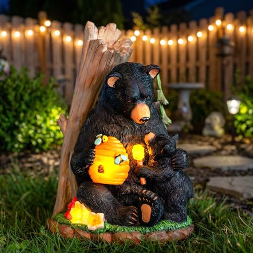 Solar Bear Garden Statue with Glowing Beehive & Cub