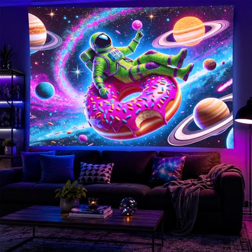 Blacklight Tapestry Astronaut Donut Glow Backdrop 78 x 59 Inch