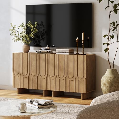 Kelly Mid Century Style Credenza with Geometric Carved Doors (2 Count)