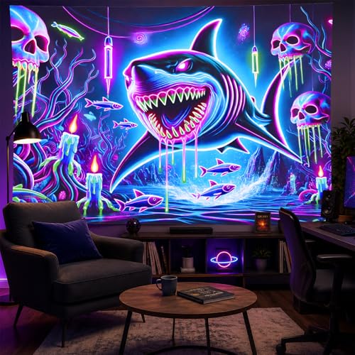 Blacklight Tapestry Shark Underwater Neon Decor 78 x 59 Inch