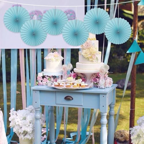 Light Blue Party Decorations Baby Blue Hanging Paper Fans DIY Set 16in
