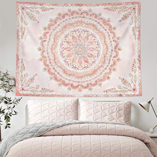 Boho Floral Mandala Tapestry Wall Hanging Pink Bohemian Flower Medallion Tapestry Aesthetic Watercolor Hippie Indian Small Tapestries for Bedroom Living Room Dorm Decor 48 x 36 Inch