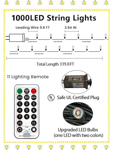 1000LED 330 FT Color Changing Christmas Lights with Remote Timer & 11 Modes