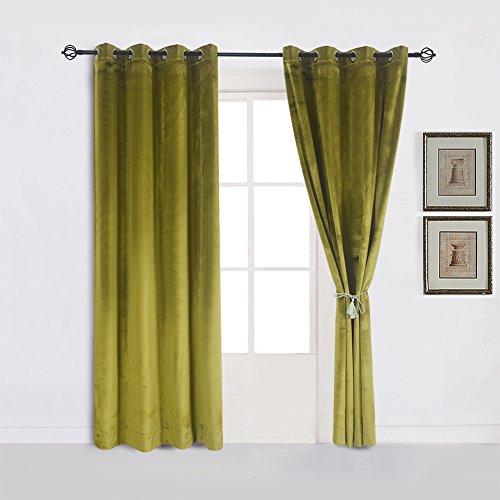 Super Soft Luxury Velvet Moss Green Thermal Blackout Curtain Panel Drapes Grommet Draperies Eyelet 52Wx108L inch Green Yellow