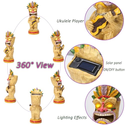 Solar Tiki Garden Statue with LED Eyes Outdoor Resin Ukulele Player Yard Decor Solar Light Hawaiian Style Lawn Ornament for Patio Porch Tiki Bar Decor Best Gift for Tiki Lovers