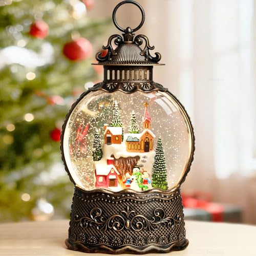 Village Snow Globe Christmas Decorations Indoor Church Snowman Snow Village Scene Gifts Classic Relief Texture Musical Glitter Snowfall USB