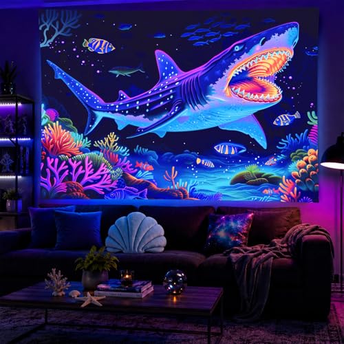 Blacklight Tapestry Shark Underwater UV Backdrop 78 x 59 Inch