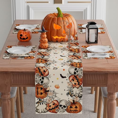 Halloween Skeleton Ghost Table Runner for Table Decoration 13x120 Inch (10.899 Sq Ft)