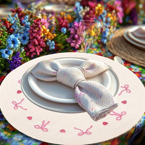 4 Pcs Round Placemats White Pink Bow Embroidered Place Mats Coquette Bowknot Heart Dinner Table Mats for Home Wedding Baby Shower Birthday Party Decor (4 Count)