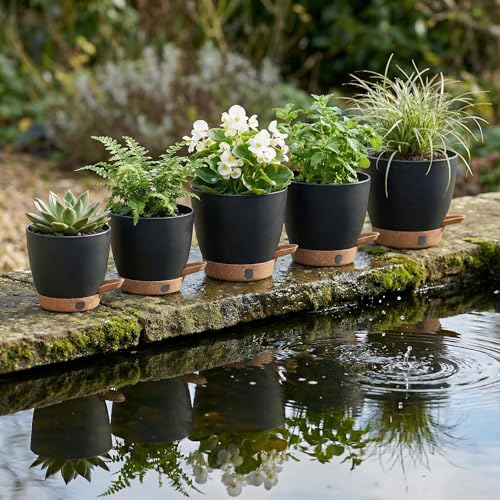 5-Pack Self-Watering Plastic Plant Pots 5/5.5/6/6.5/7 Inch– Black Indoor Flower Pots with Wick & Water Tray for Herbs, Succulents, Seedlings, Small Plants (5 Count)
