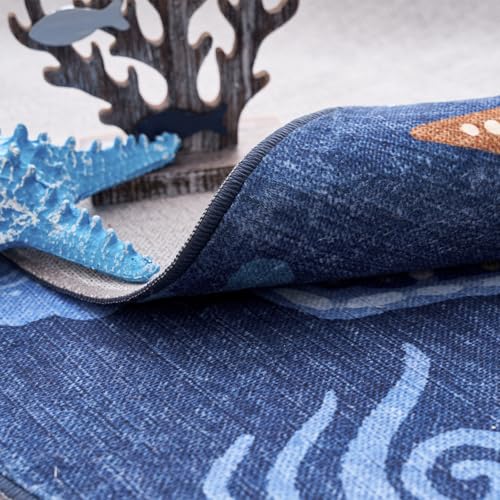 5ft Coastal Round Rug Washable Kids Rug Colorful Fish Mat Blue (19.63 Sq Ft)