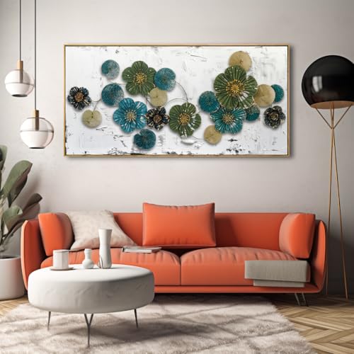 Wall Art Floral Decor Green and Blue Canvas Painting 24"x48" Framed