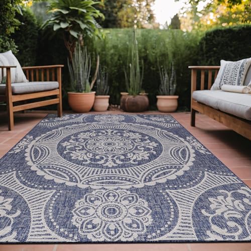 Medallion Outdoor Rug 8x10 Washable Outside Carpet for Indoor Patio Porch Waterproof Easy Cleaning Non Shedding Area Rugs Blue 8 x 10