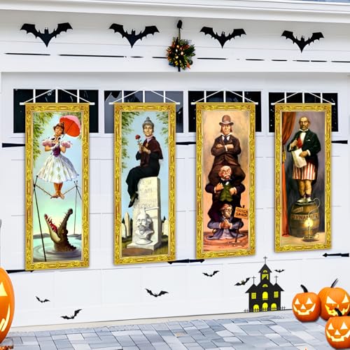 Halloween Decorations Large 4 PCS Haunted Mansion Stretching Portraits Vintage Vinyl Backdrop Decor Outdoor Horror Poster for Indoor Holiday Home Wall Art Wallpaper Hanging Porch Sign Banner Party (4 Count)