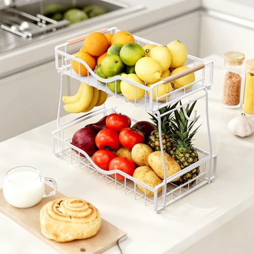 2 Tier Fruit Basket for Kitchen Countertop with 2 Banana Hangers