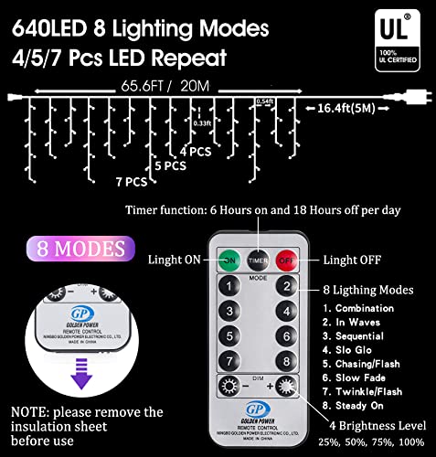 Icicle Christmas Lights Outdoor Decorations 640 LED 65.6 FT 8 Modes LED Icicle String Light with 120 Drops