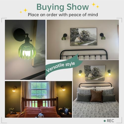 Vintage Battery Operated Wall Sconce with Green Tulip Glass Lampshade Rechargeable Battery Powered Black Wall Light with Remote Control for Bedside Bedroom Doorway (2 Count)