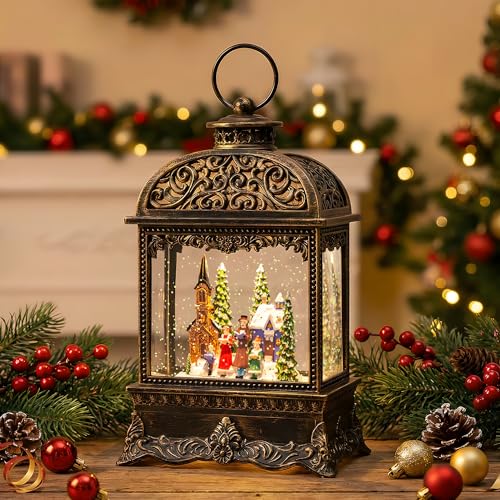 Christmas Village Snow Globe Water Lantern with Church Carolers Scene Battery Operated or USB Powered Musical Lighted Holiday Decoration for Tabletop Display for Family and Friends