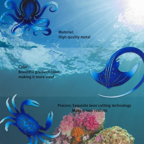 Metal Octopus Crab Manta Ray Coastal Nautical Ocean Decor Outdoor Metal Wall Art Decor Garden Pool Patio Bathroom Yard Farmhouse Fence Deck (3 Count)
