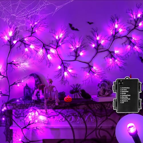 9 Ft 66 LED Willow Vine Twig Decor Black Halloween Garland with Purple Lights
