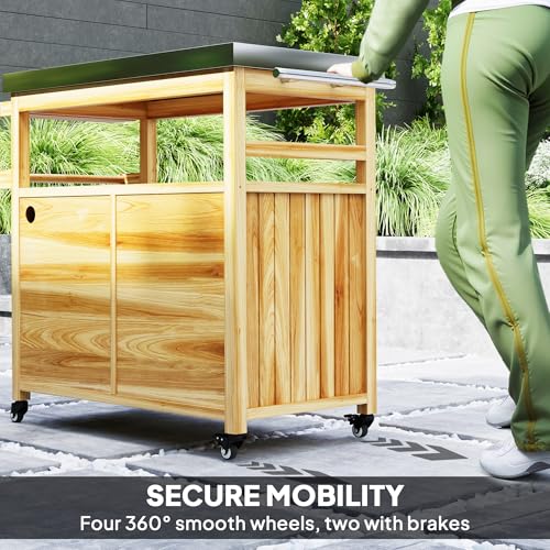 Outdoor Grill Cart with Wheels and Storage Natural Wood