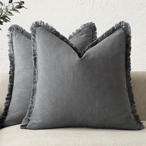 Decorative Linen Fringe Throw Pillow Covers 24×24 Inch (2 Count)