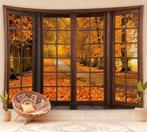Fall Forest Window Tapestry Autumn Maple Tree with Orange Leaves Tapestry Wall Hanging Rustic Vintage Wall Decor for Bedroom Living Room Dorm Office 60x40 Inches