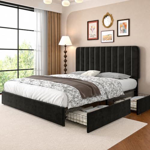 Full Size Upholstered Bed Frame with 4 Drawers and Headboard
