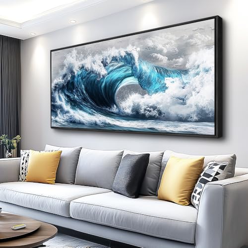 Large Canvas Blue Wave Paintings Wall Art For Living Room Wall Decoration For Bedroom Ocean Wall Pictures Printing Office Decorations Posters Modern Home Decor Black Framed 30x60 In
