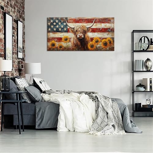 Country Highland Cow Wall Art for Living Room Rustic Retro Vintage American Flag Sunflower Canvas Painting Prints Highland Cattle Artwork Farmhouse Bedroom Office Decor