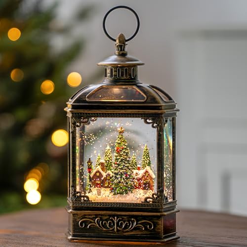 Christmas Snow Globe Lantern Water Glittering Xmas Village with Music & Timer