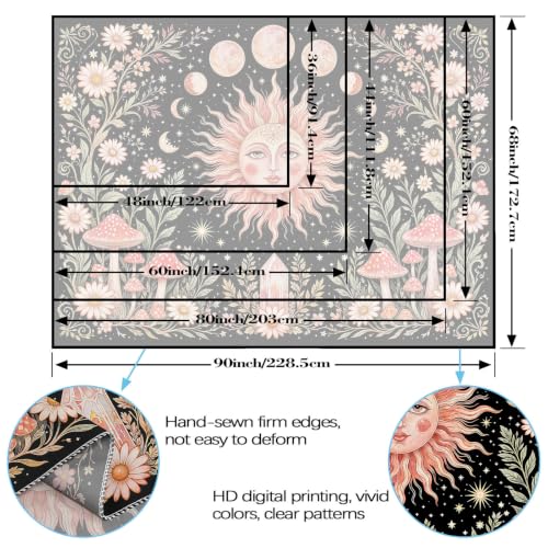 Boho Pink Sun Moon Phase Daisy Flower Mushroom Tapestry 60 x 44 Inch