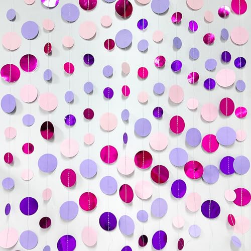Pink and Purple Party Decorations Circle Dots Garland Hot Pink Lavender Hanging Polka Dot Streamer for Birthday Bridal Shower Wedding Bachelorette Anniversary Party Supplies