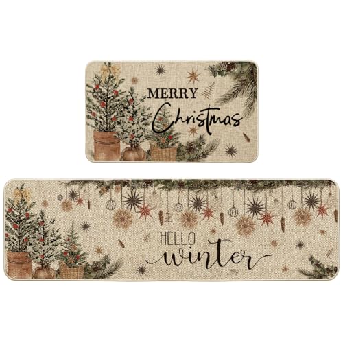 Holly Ornament Merry Christmas Kitchen Mats Set of 2