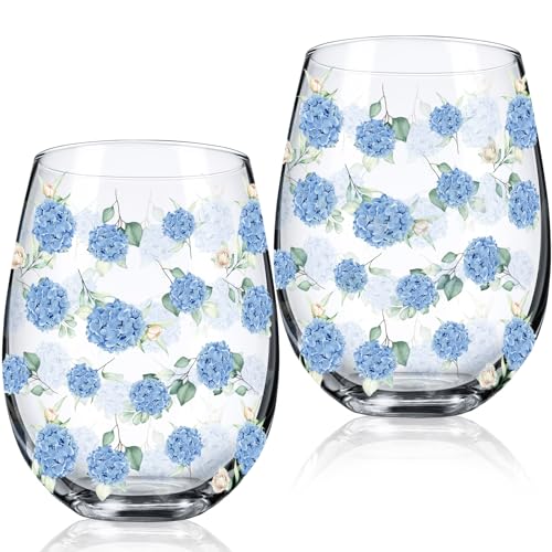2 Pack 17oz Hydrangea Stemless Wine Glasses Spring Summer Floral Drinking Glasses Hydrangea Tumbler Cups for Spring Summer Parties Supplies Birthday Gift (2 Count)