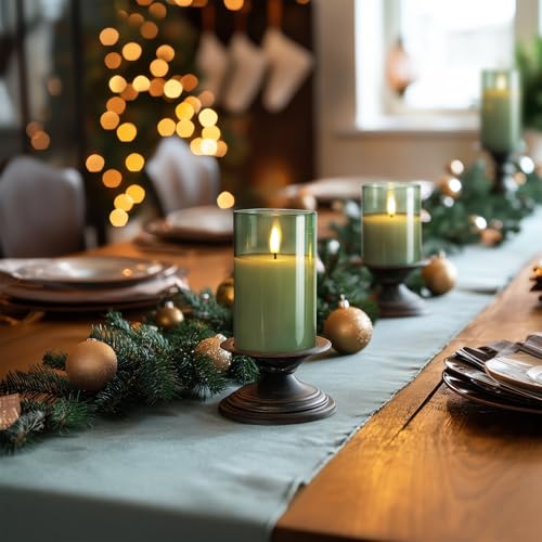 Green Glass Flameless LED Candles Battery Operated with Remote Timer (3 Count)
