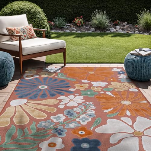 Outdoor Rug 8x10 Modern Floral Tropical Area Rugs for Outdoor and Indoor Patio Easy to Clean Non Shedding Living Room Porch Garden Washable Outside Carpet (80 Sq Ft)