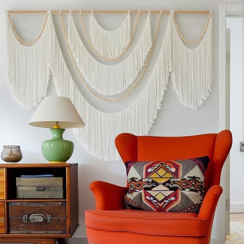 Macrame Wall Hanging Boho Yarn Art Tassel Beaded Handmade Decor 57"W*41"L