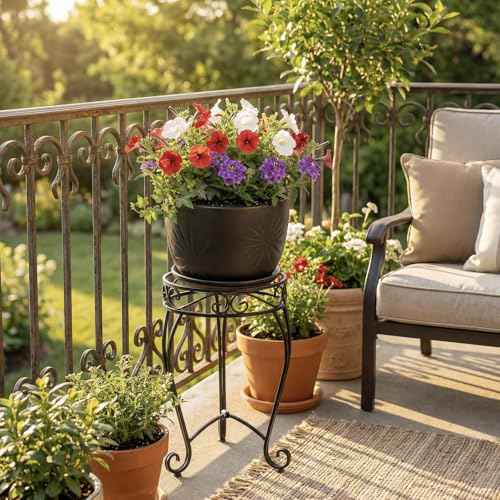 7 Inch Black Ceramic Sunburst Planter Pot with Attached Saucer